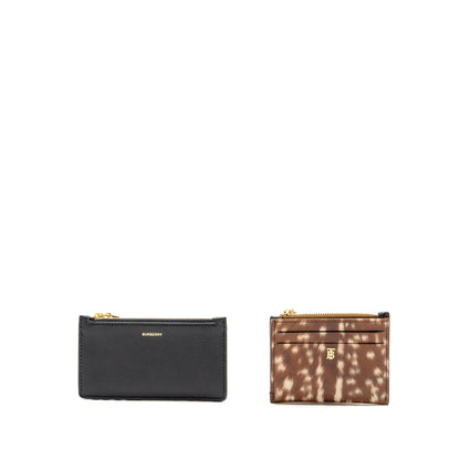 Burberry Brown Deer Print Zip Card Case, Leather Black Zip Card Holder (sell in a set)