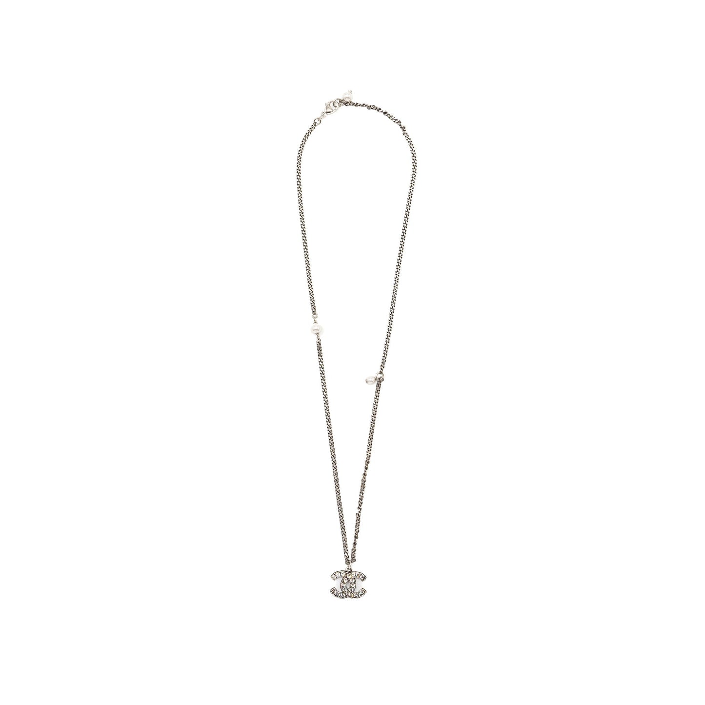 Chanel cc logo necklace crystal/pearl ruthenium hardware