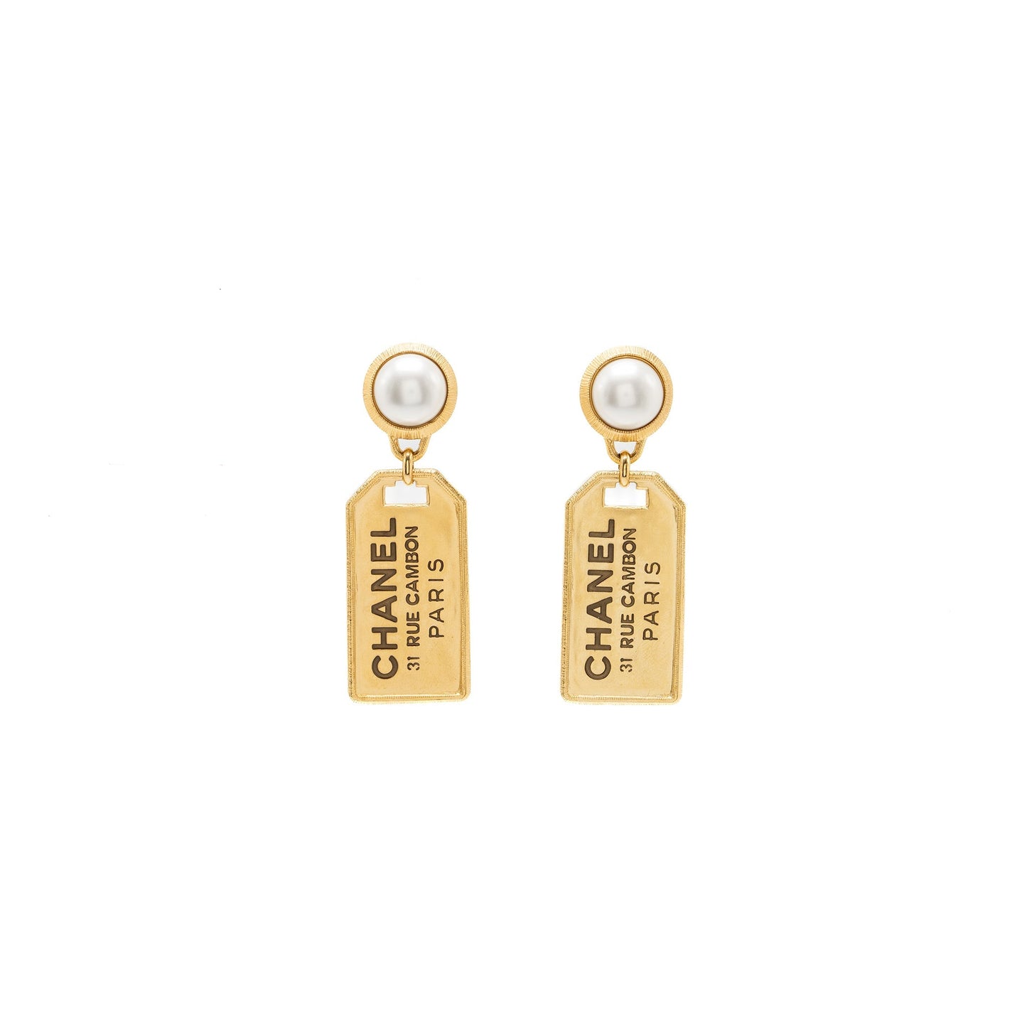 Chanel Pearl Earrings ignature Tag Drop Gold Tone