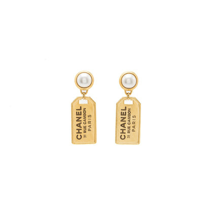 Chanel Pearl Earrings ignature Tag Drop Gold Tone
