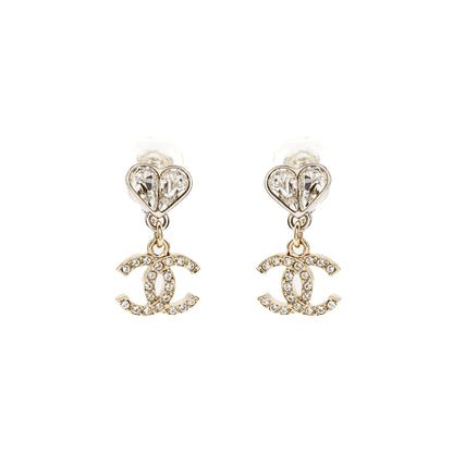 Chanel Crystal Heart CC logo Dropped Ear Clips Silver Tone