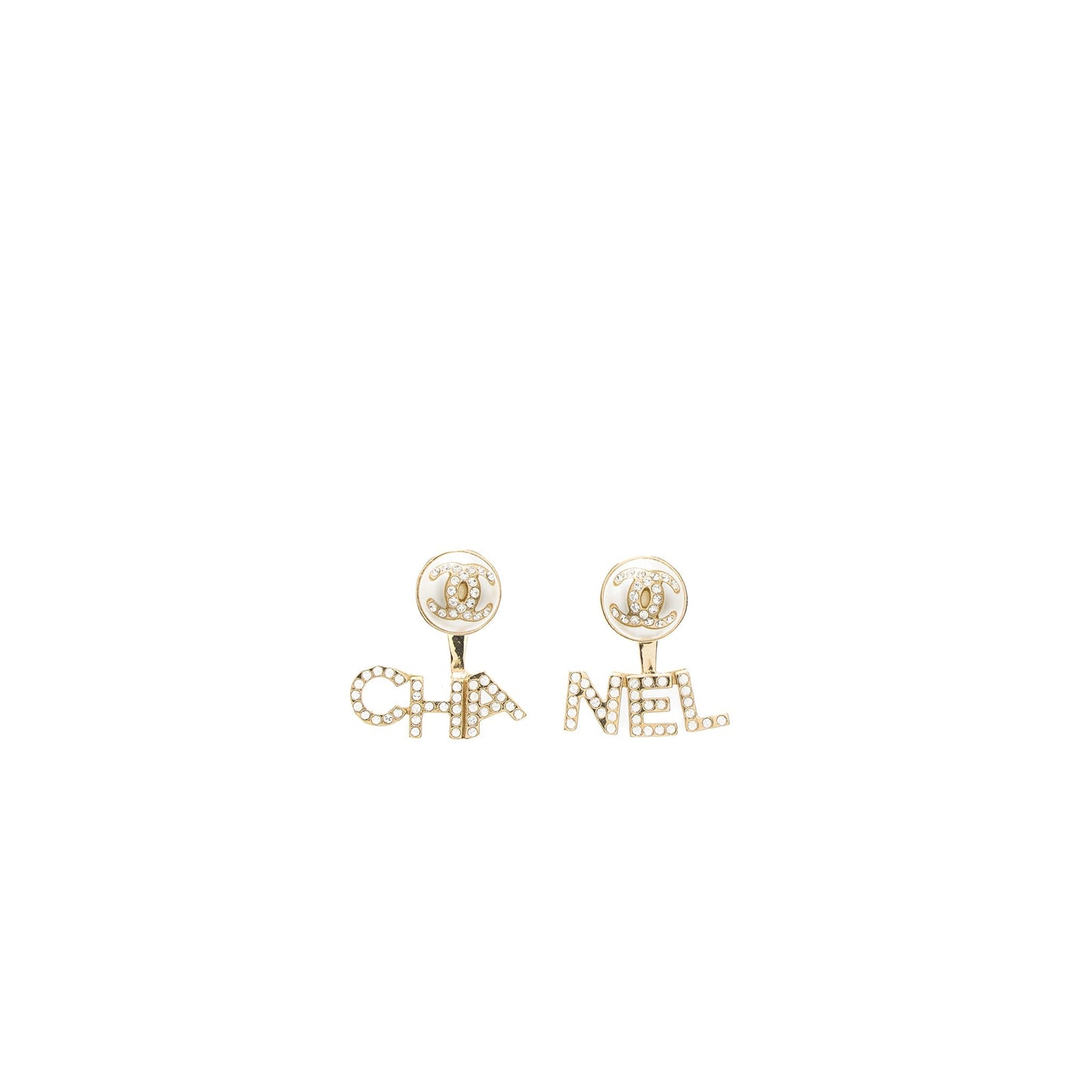 Chanel Letter/CC Logo Earrings Crystal/Pearl Light Gold Tone
