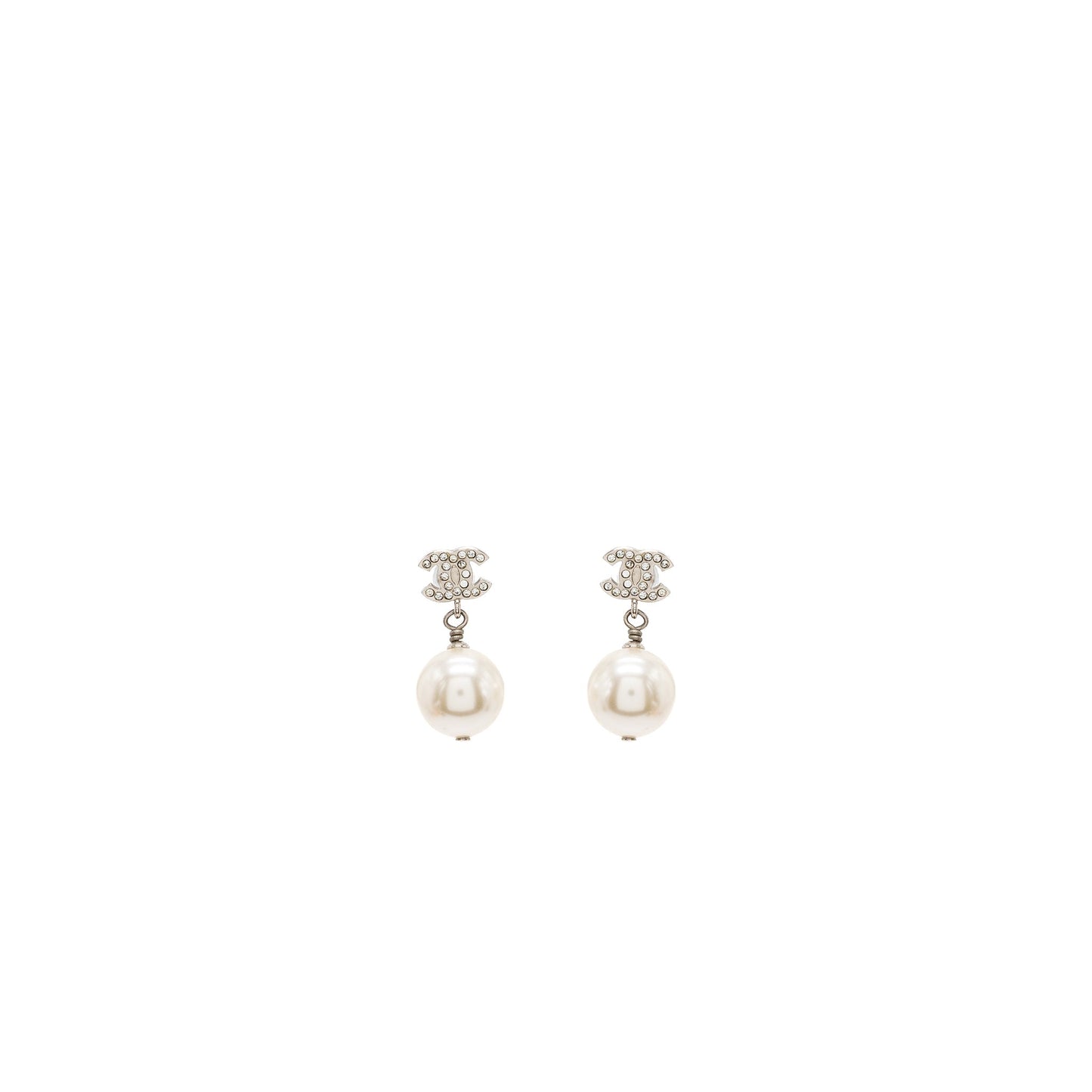 Chanel CC Logo Pearl Dropped Earrings Silver Tone