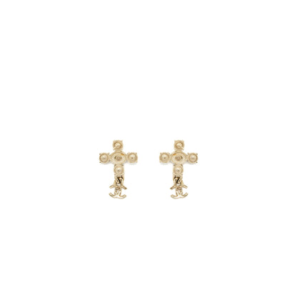 Chanel Cross earrings with CC Logo dropped, Crystal/ pearl Gold Tone