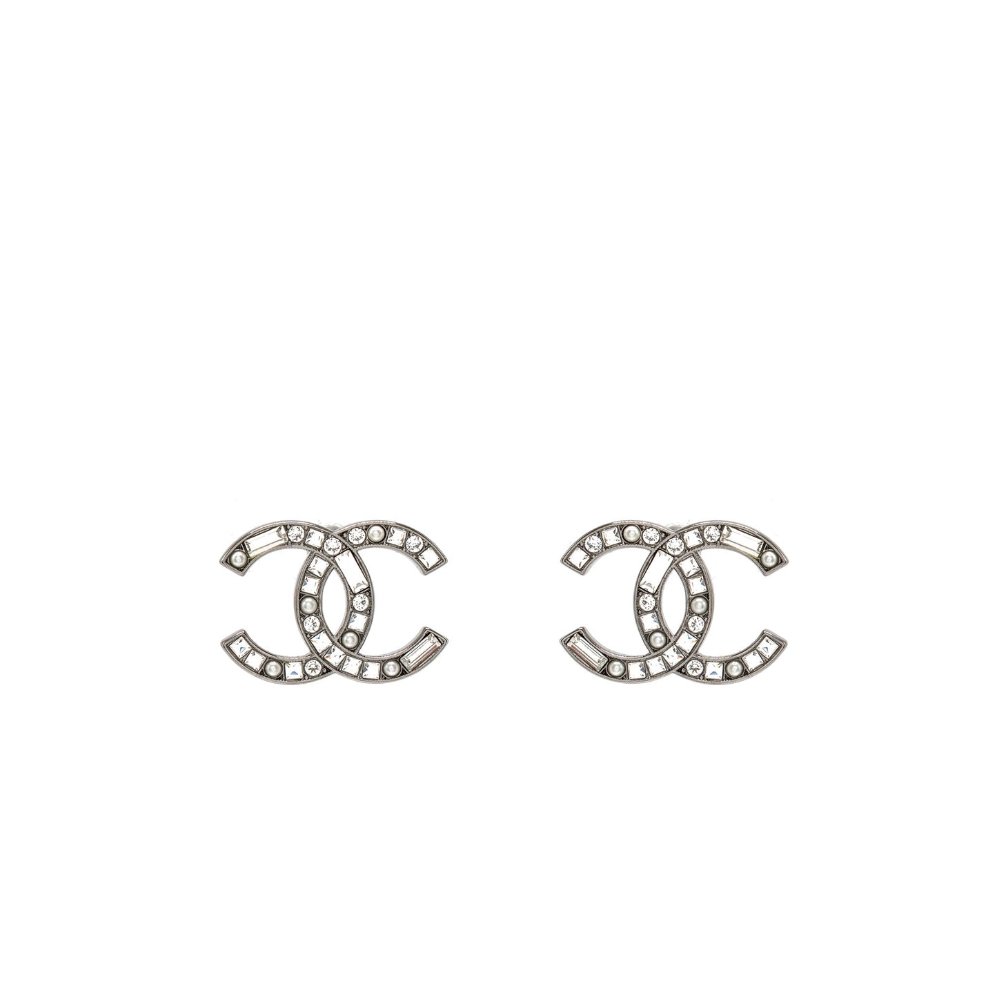 Chanel CC Earrings Crystal/Pearl Silver Tone