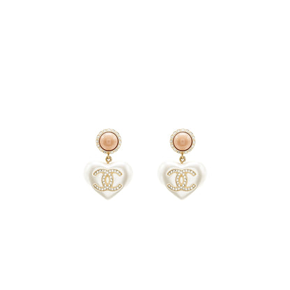 Chanel giant cc logo heart earrings crystal/pearl light gold tone