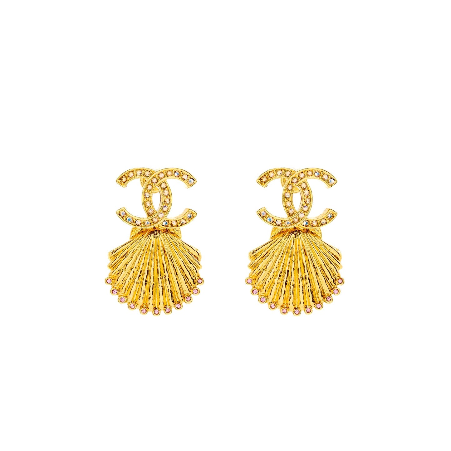 Chanel CC Shell Earrings Crystal Multicolour Gold Tone