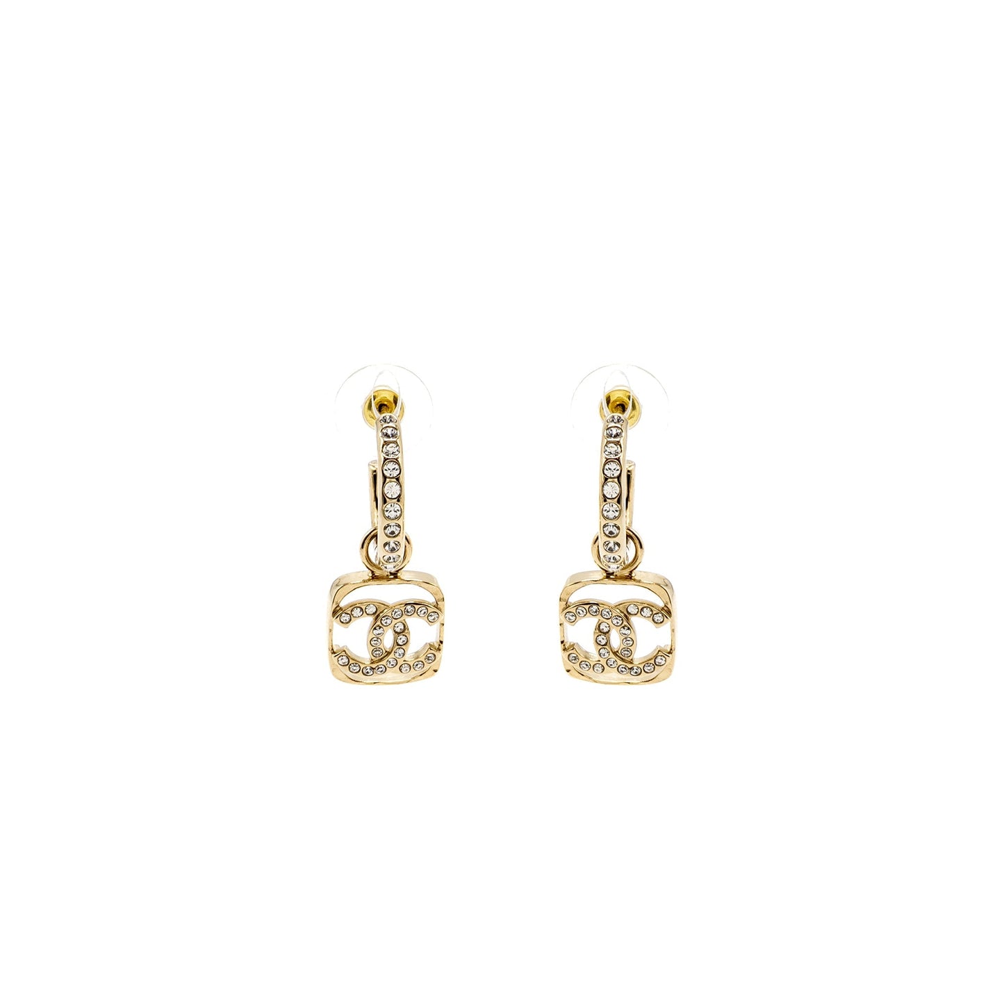 Chanel Square CC Logo Dropped Earrings Crystal Light Gold Tone
