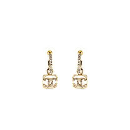 Chanel Square CC Logo Dropped Earrings Crystal Light Gold Tone