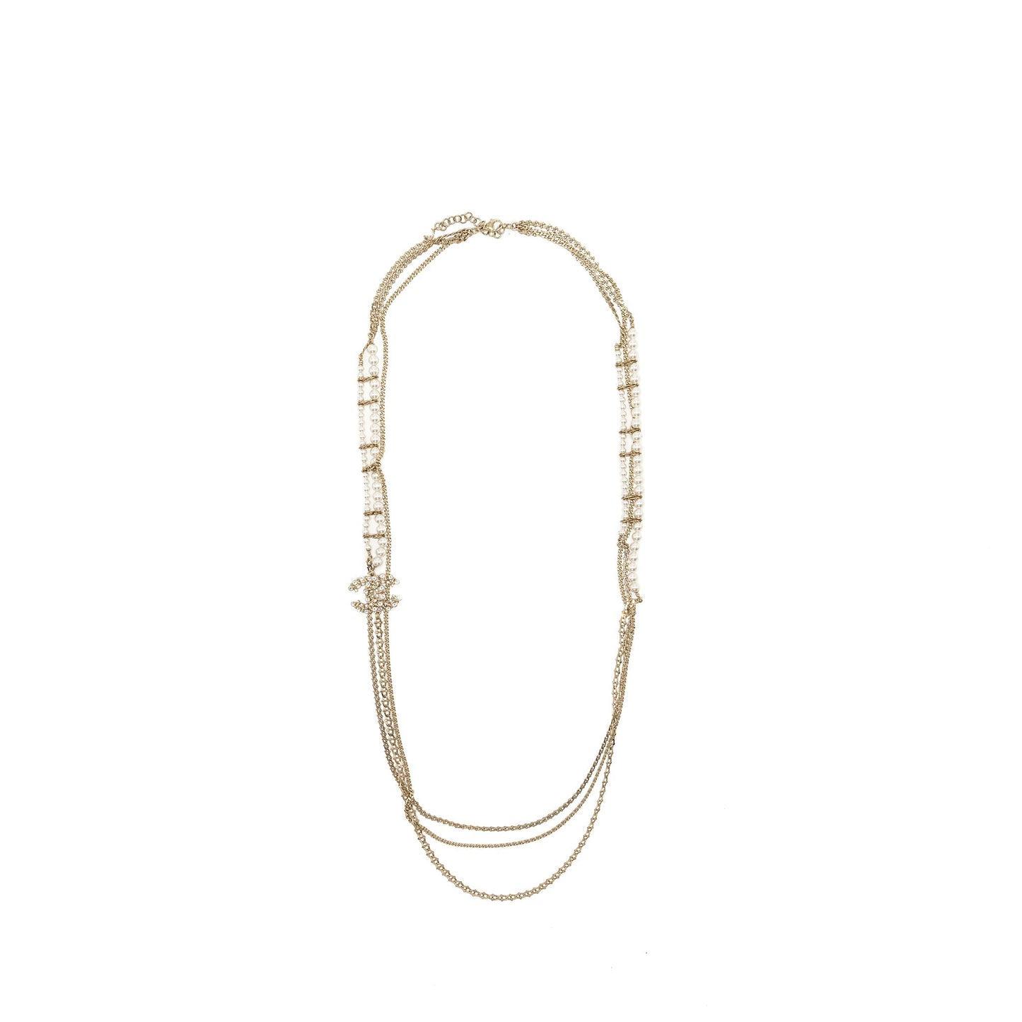 Chanel 19K CC logo long Necklace Pearl/Crystal/Light Gold Tone