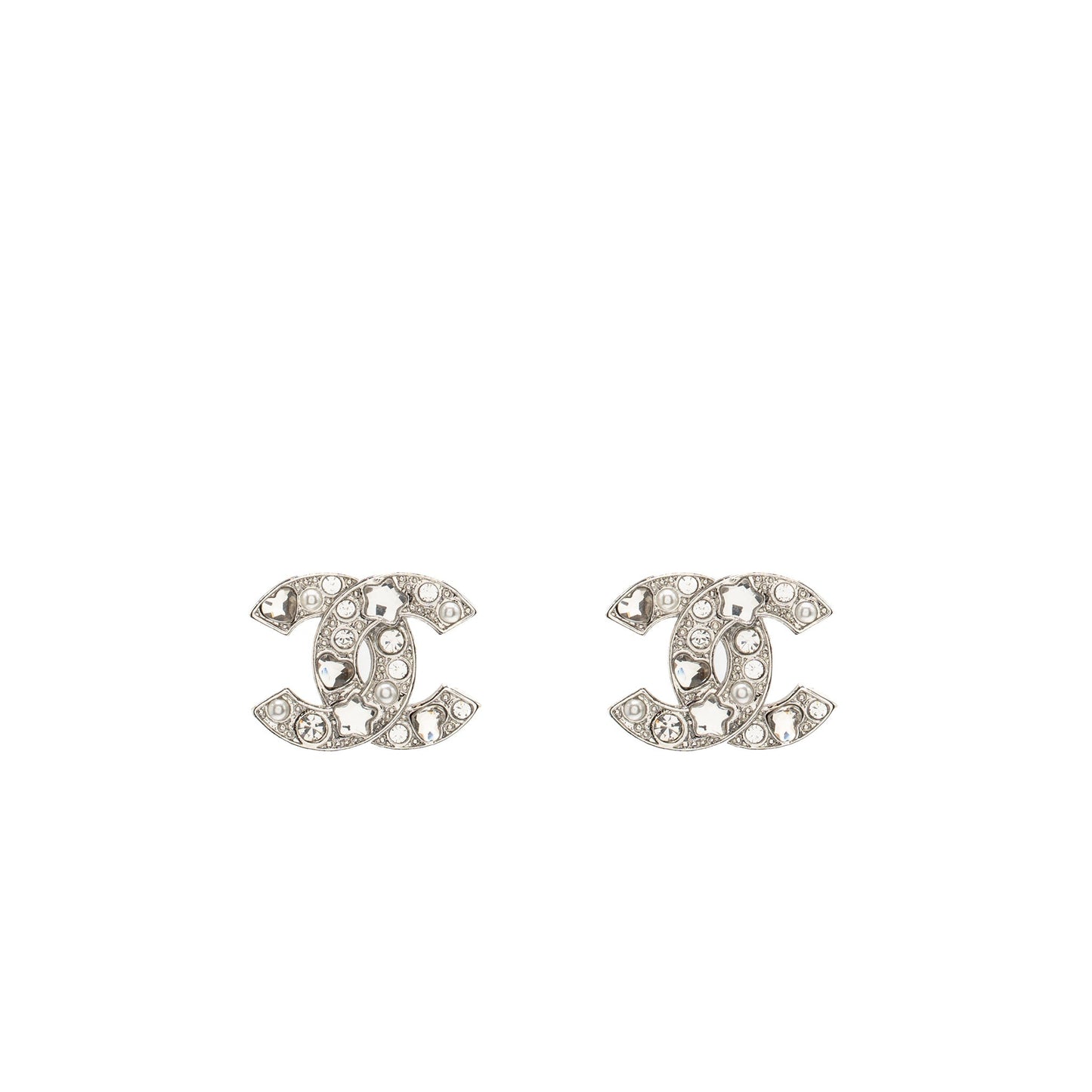 Chanel CC Logo Star Crystal/Pearl Earrings Silver Tone