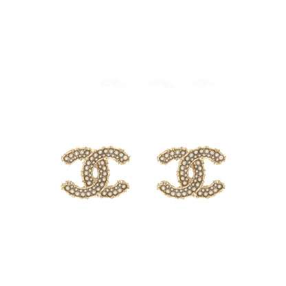 Chanel CC logo with mini pearl deco earrings light gold tone