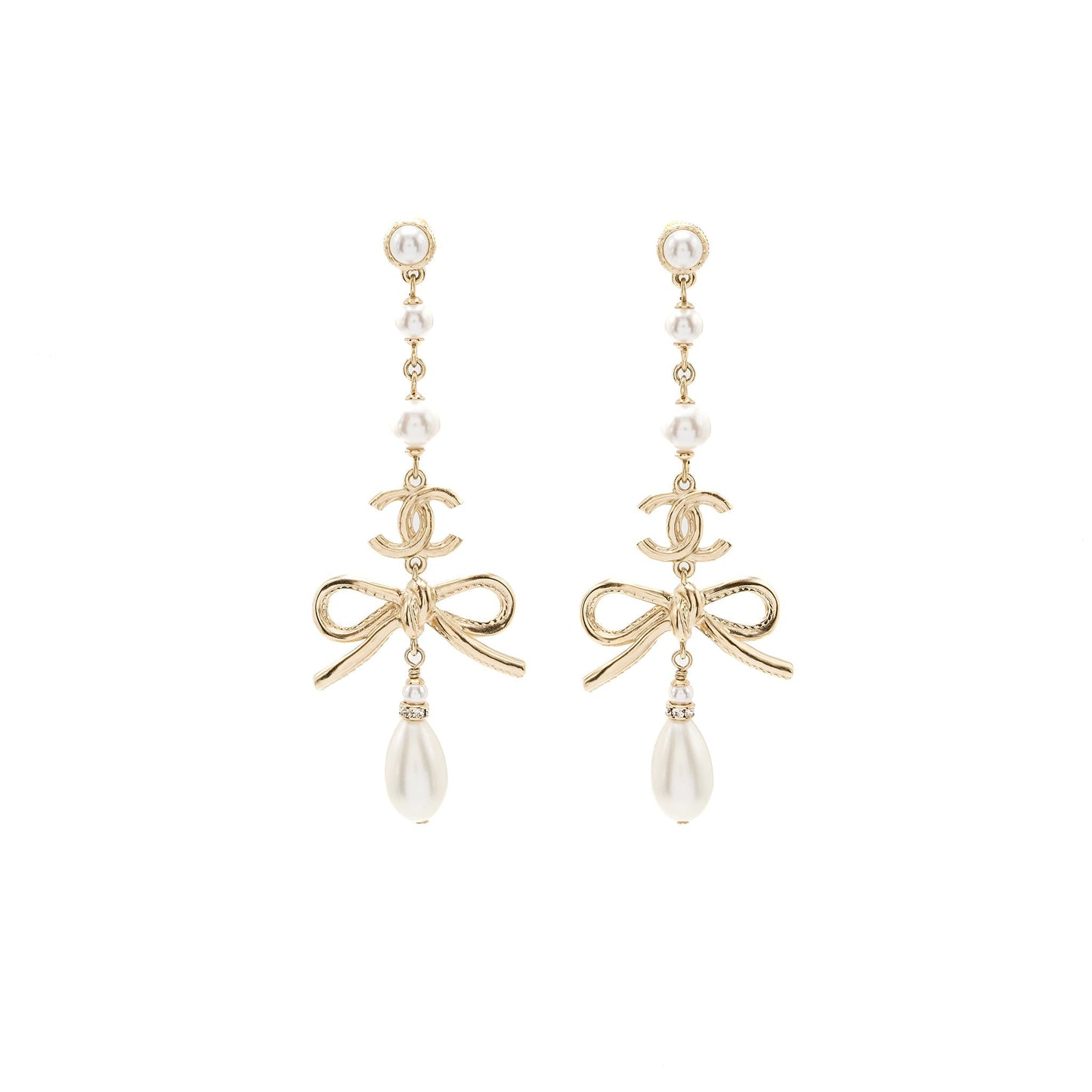 Chanel pearl / cc logo / bow tie drop earrings gold tone