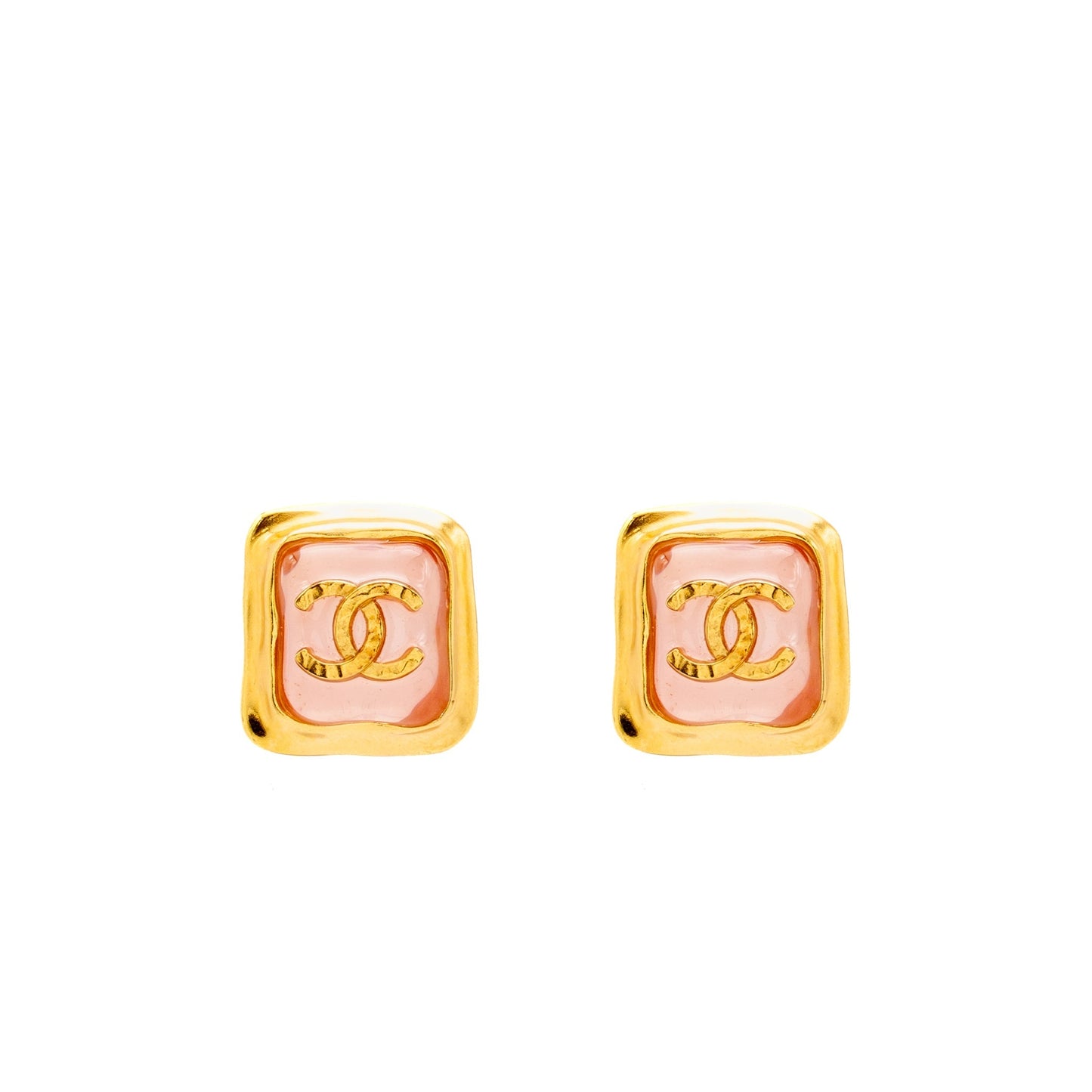 Chanel Pink Resin Square CC Earrings Gold Tone