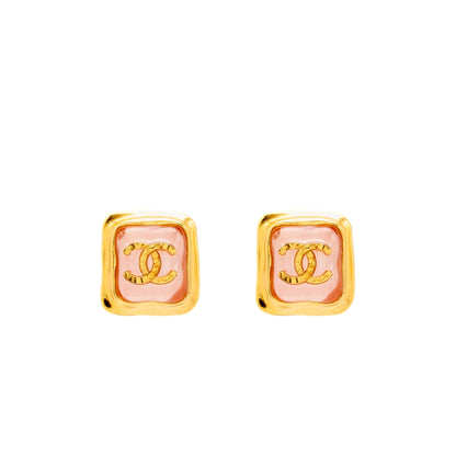 Chanel Pink Resin Square CC Earrings Gold Tone