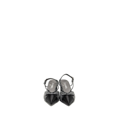 Chanel Size 37.5 Cap Toe CC Slingback Pumps Tweed Grey/Black