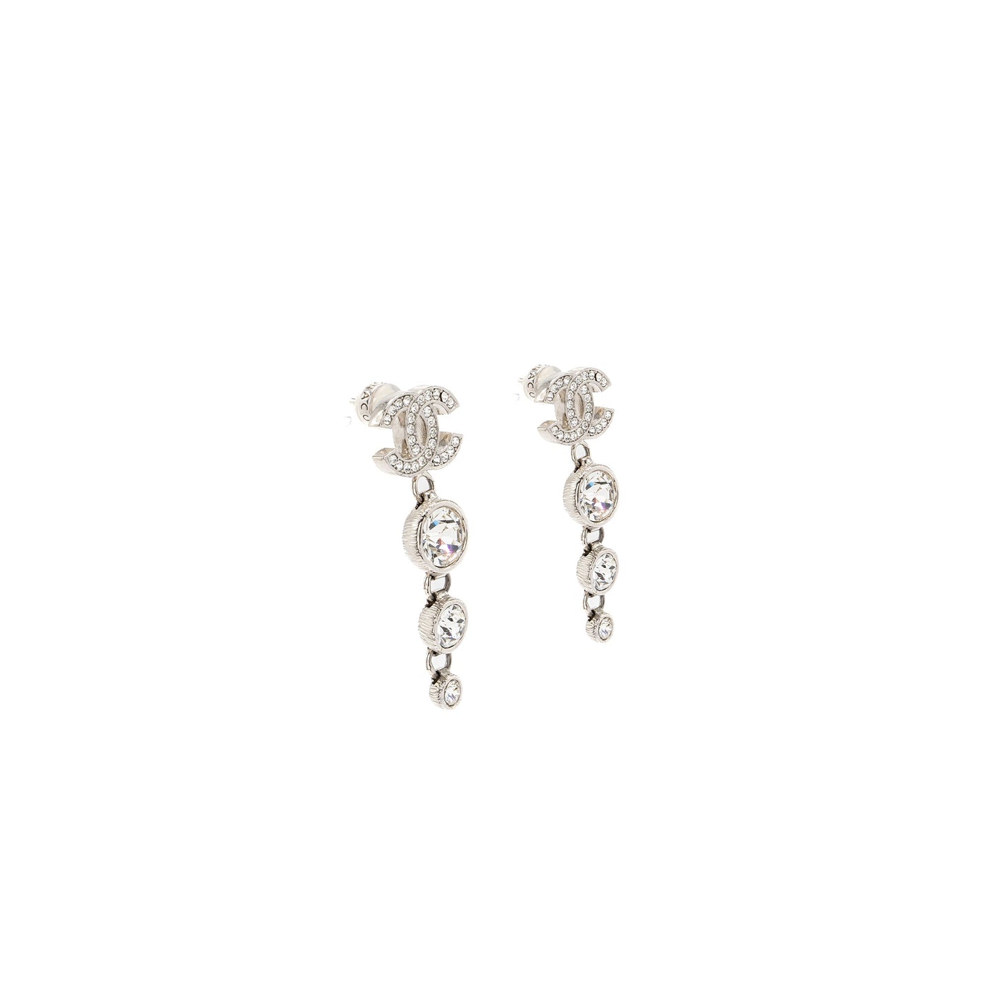Chanel CC Logo Crystal Drop Earring Silver Tone