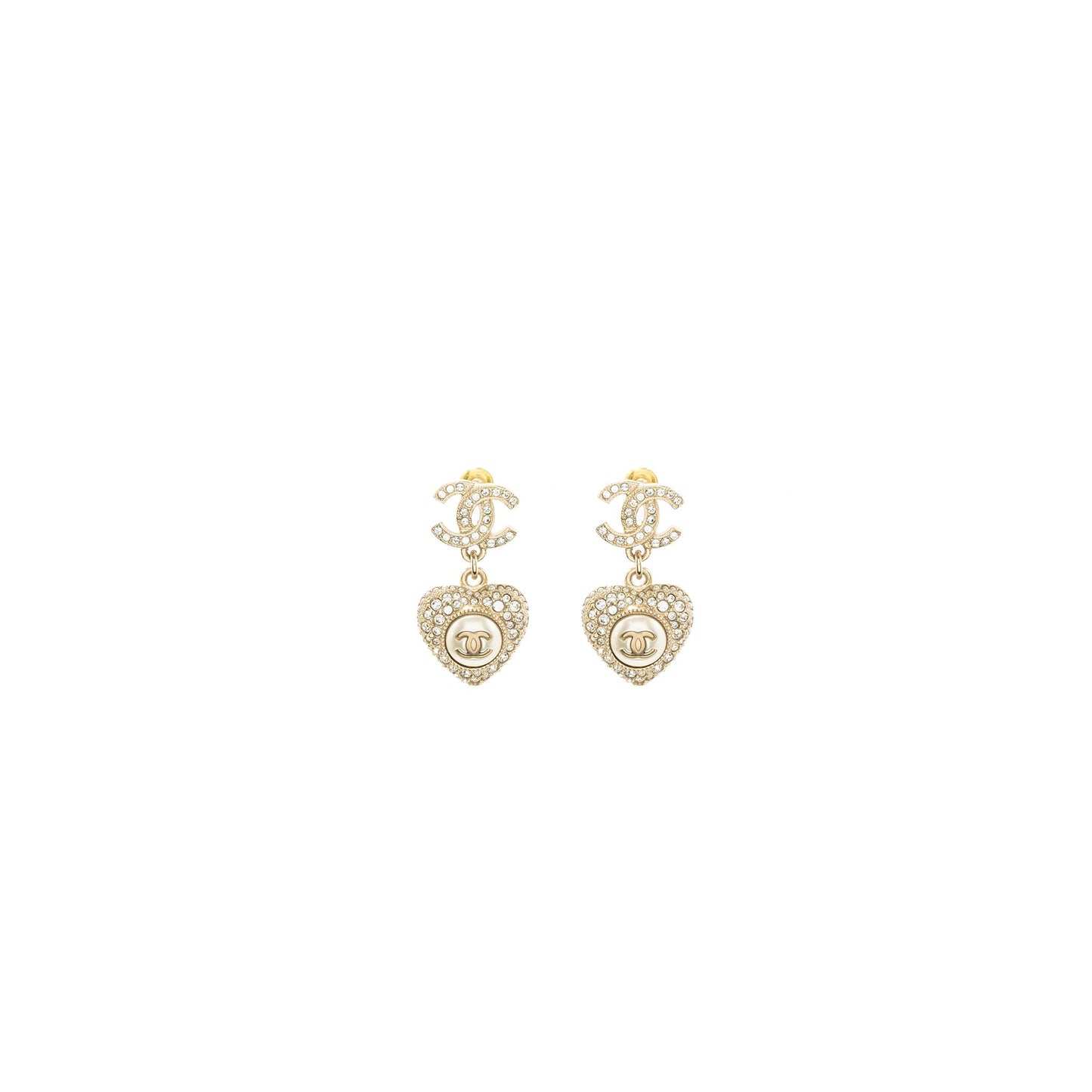 Chanel Heart Dropped CC Logo Earring Crystal Light Gold Tone
