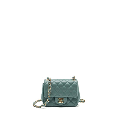 Chanel classic mini square flap bag lambskin green LGHW (microchip)