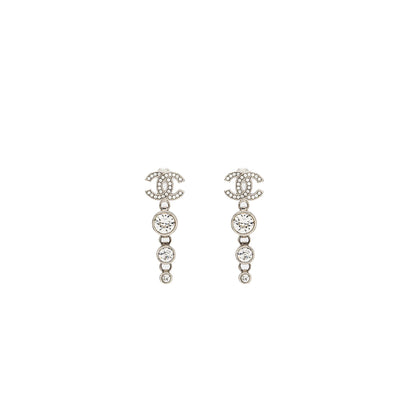 Chanel CC Logo Crystal Drop Earring Silver Tone