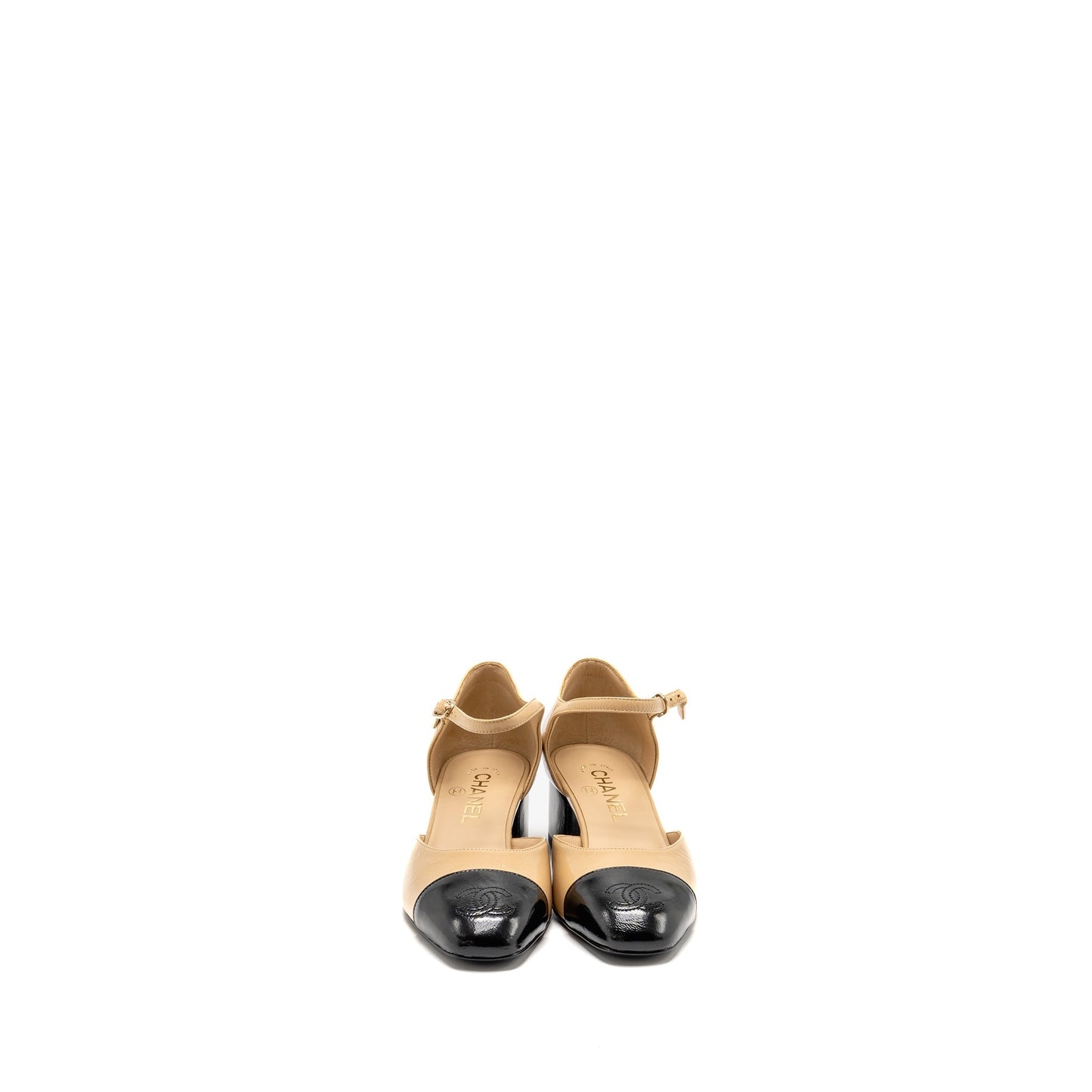 Chanel Size 36 25C Mary Janes Shiny Lambskin Beige/Black LGHW