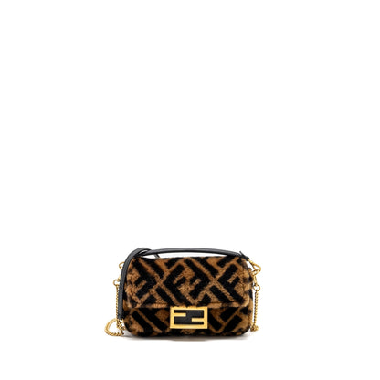 Fendi Mini Baguette Purse Lamb Fur Black/Brown