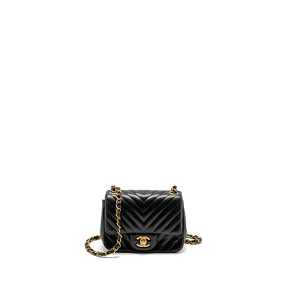 Chanel Mini Square Chevron Flap Bag Lambskin Black GHW