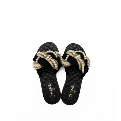 Chanel Size 37 Mules Cord/Lambskin Black
