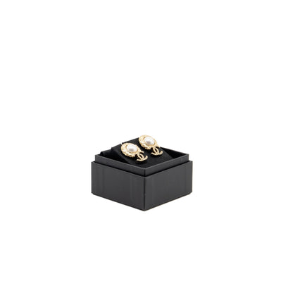 Chanel Round Pearl Crystal CC Earrings Gold Tone