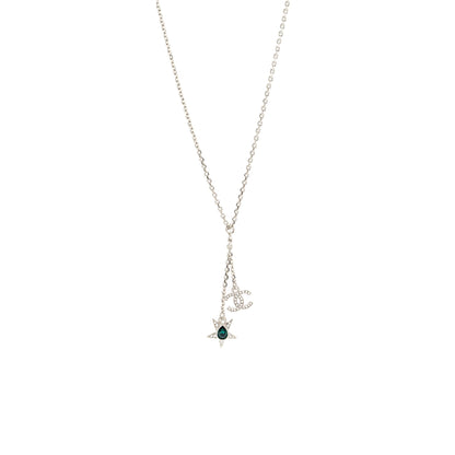 Chanel CC logo/Star Drop Necklace Crystal/Pearl/Silver Tone