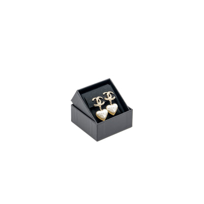 Chanel CC Logo Heart Drop Earclips Light Gold Tone
