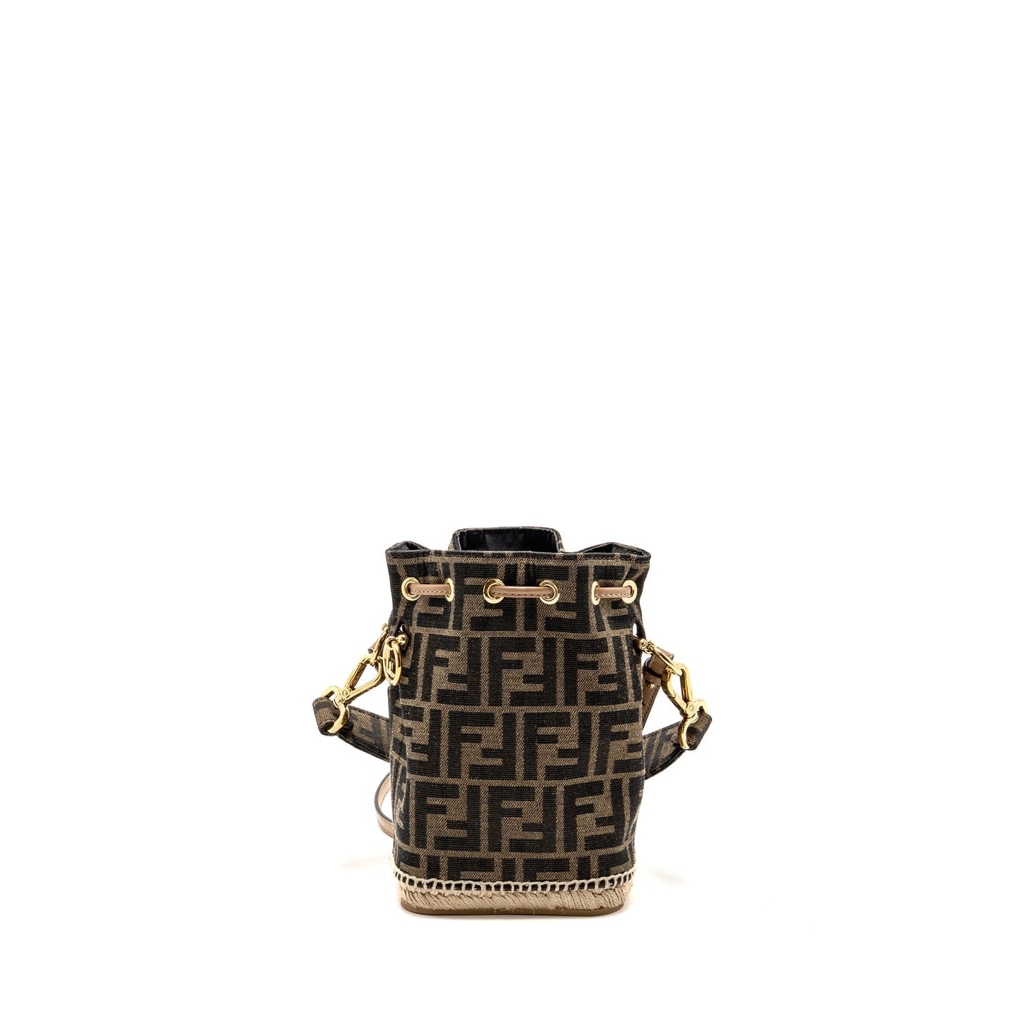 FENDI TRESOR BUCKET Purse JACQUARD Raffia/FABRIC/CALFSKIN BROWN