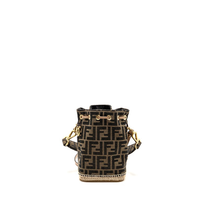 FENDI TRESOR BUCKET Purse JACQUARD Raffia/FABRIC/CALFSKIN BROWN