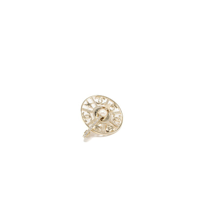 Chanel Strass spinning wheel pin brooch with Crystal / pearl Light Gold tone