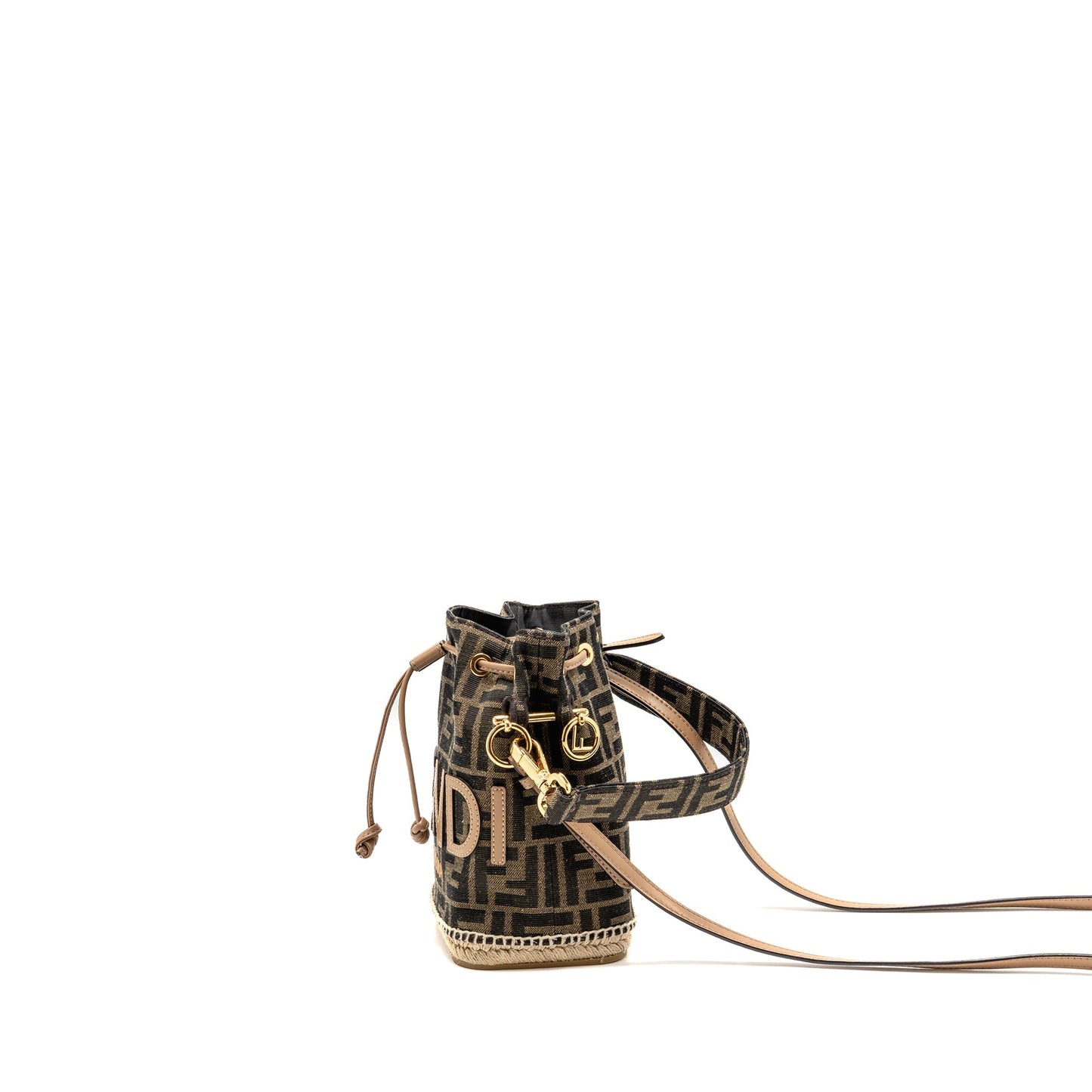 FENDI TRESOR BUCKET Purse JACQUARD Raffia/FABRIC/CALFSKIN BROWN
