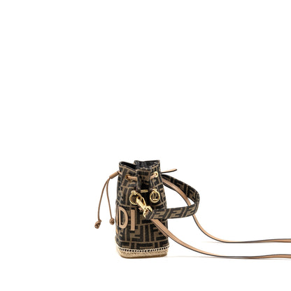 FENDI TRESOR BUCKET Purse JACQUARD Raffia/FABRIC/CALFSKIN BROWN