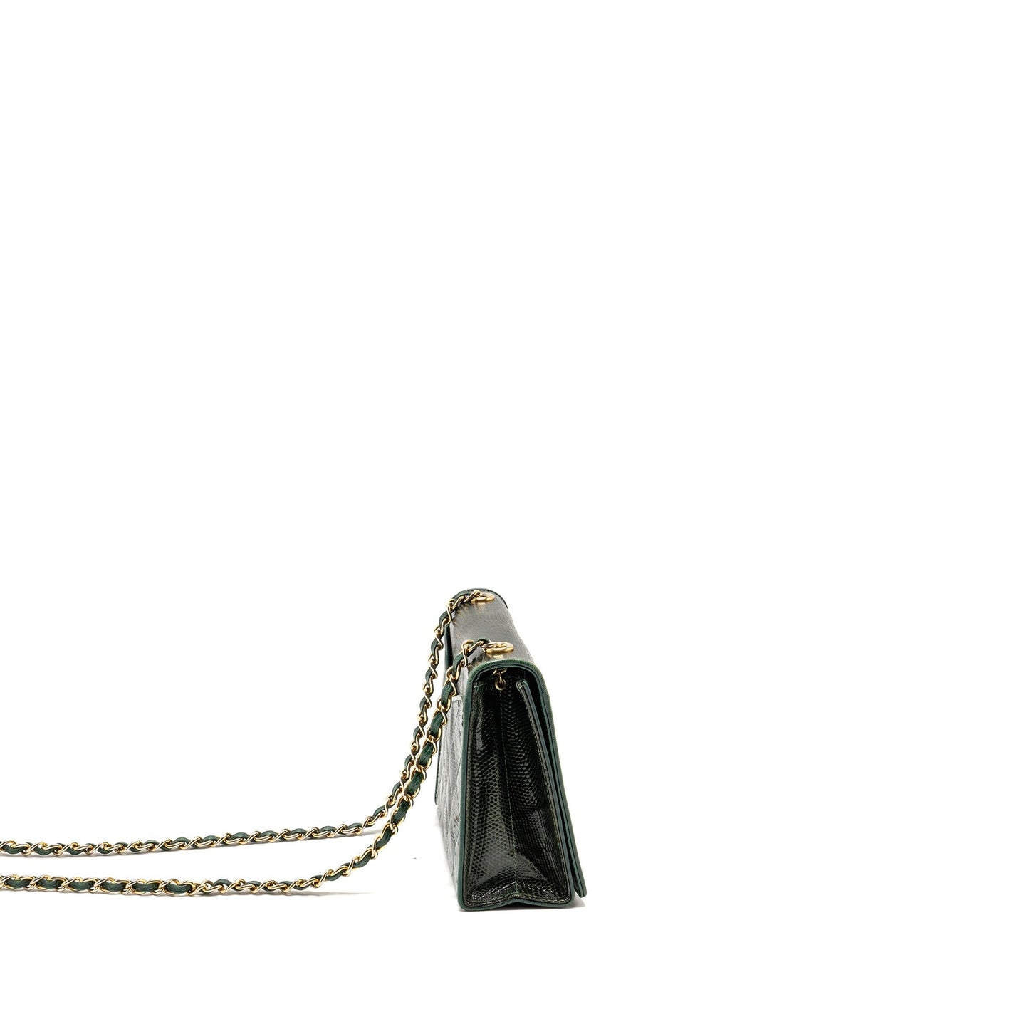 Chanel Vintage Envelop Flap Bag With Chain Lizard Dark Green GHW
