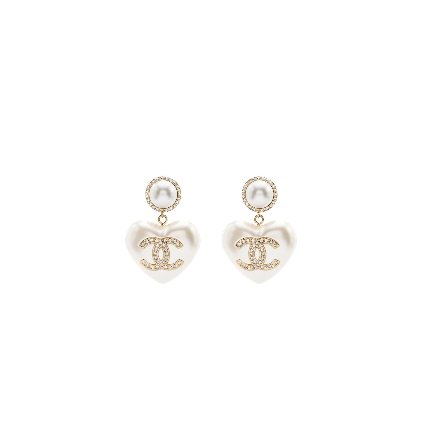 Chanel Heart Pearl Crystal CC Logo Earrings LGHW