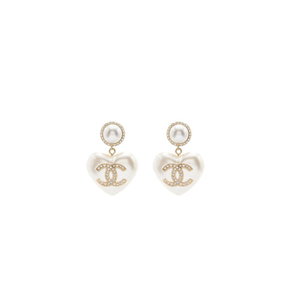 Chanel Heart Pearl Crystal CC Logo Earrings LGHW