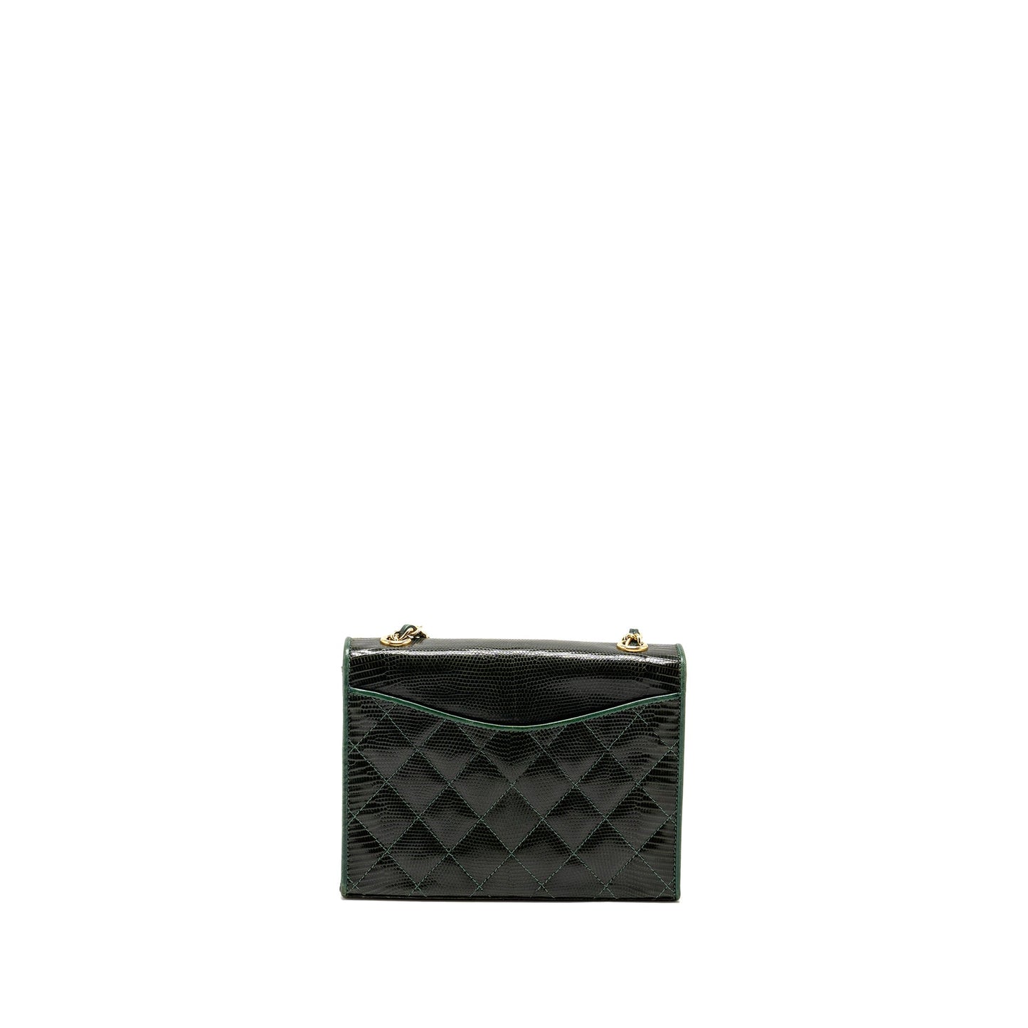 Chanel Vintage Envelop Flap Bag With Chain Lizard Dark Green GHW