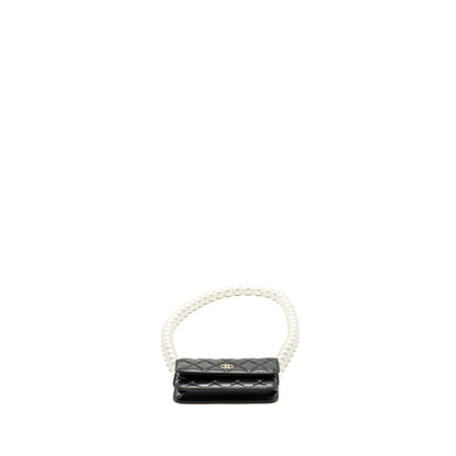 Chanel CC Logo Clutch with Giant Pearl Chain Lambskin Black LGHW