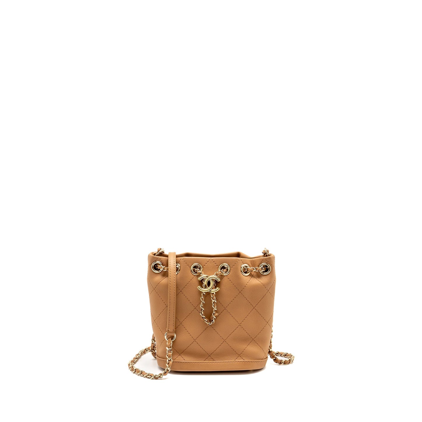 Chanel mini drawstring bucket bag calfskin dark beige LGHW