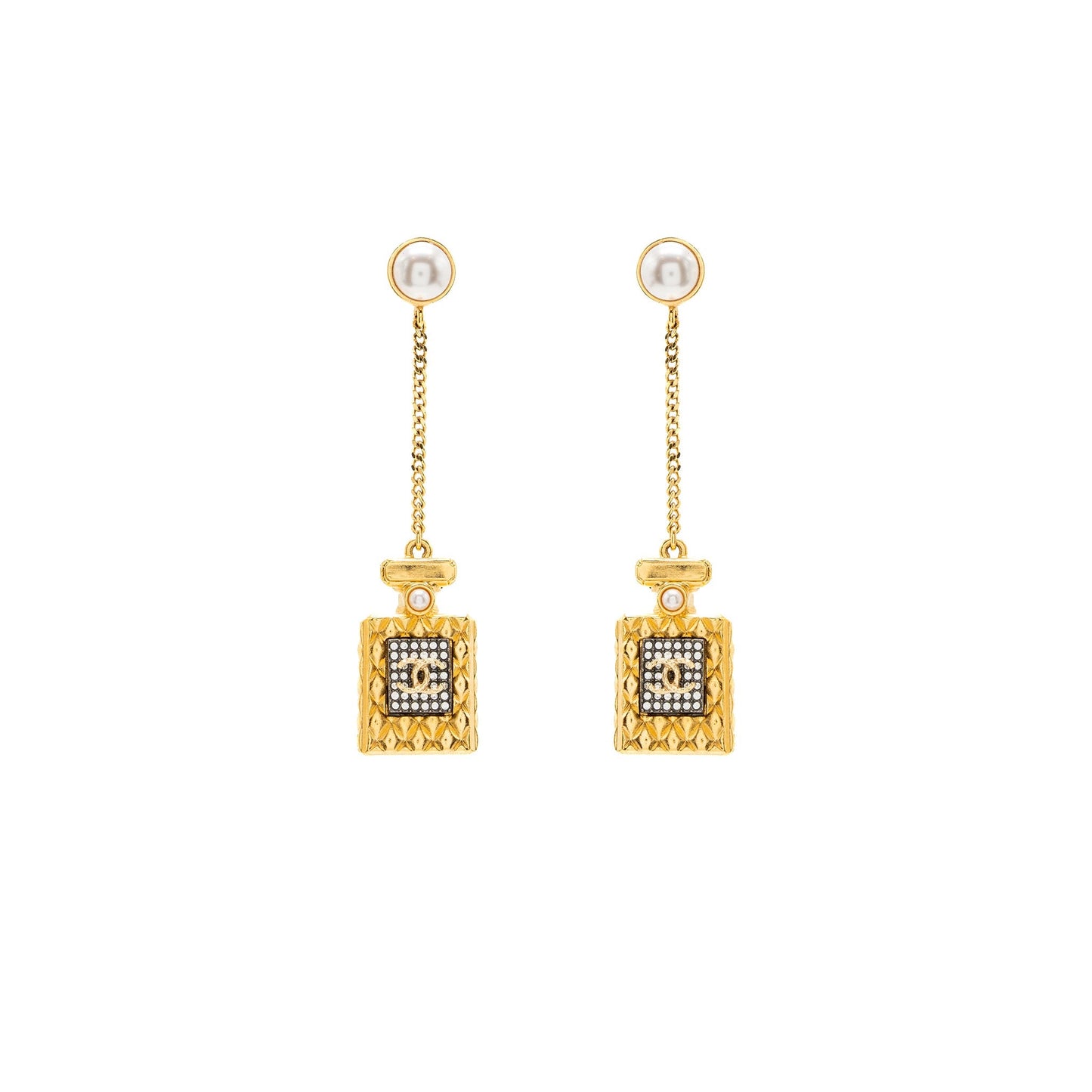 Chanel Perfume Bottle Drop Earrings Pearl/Crystal Gold Tone