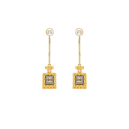 Chanel Perfume Bottle Drop Earrings Pearl/Crystal Gold Tone