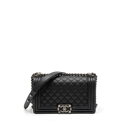 Chanel Medium Boy Bag Grained Calfskin Black Ruthenium Hardware