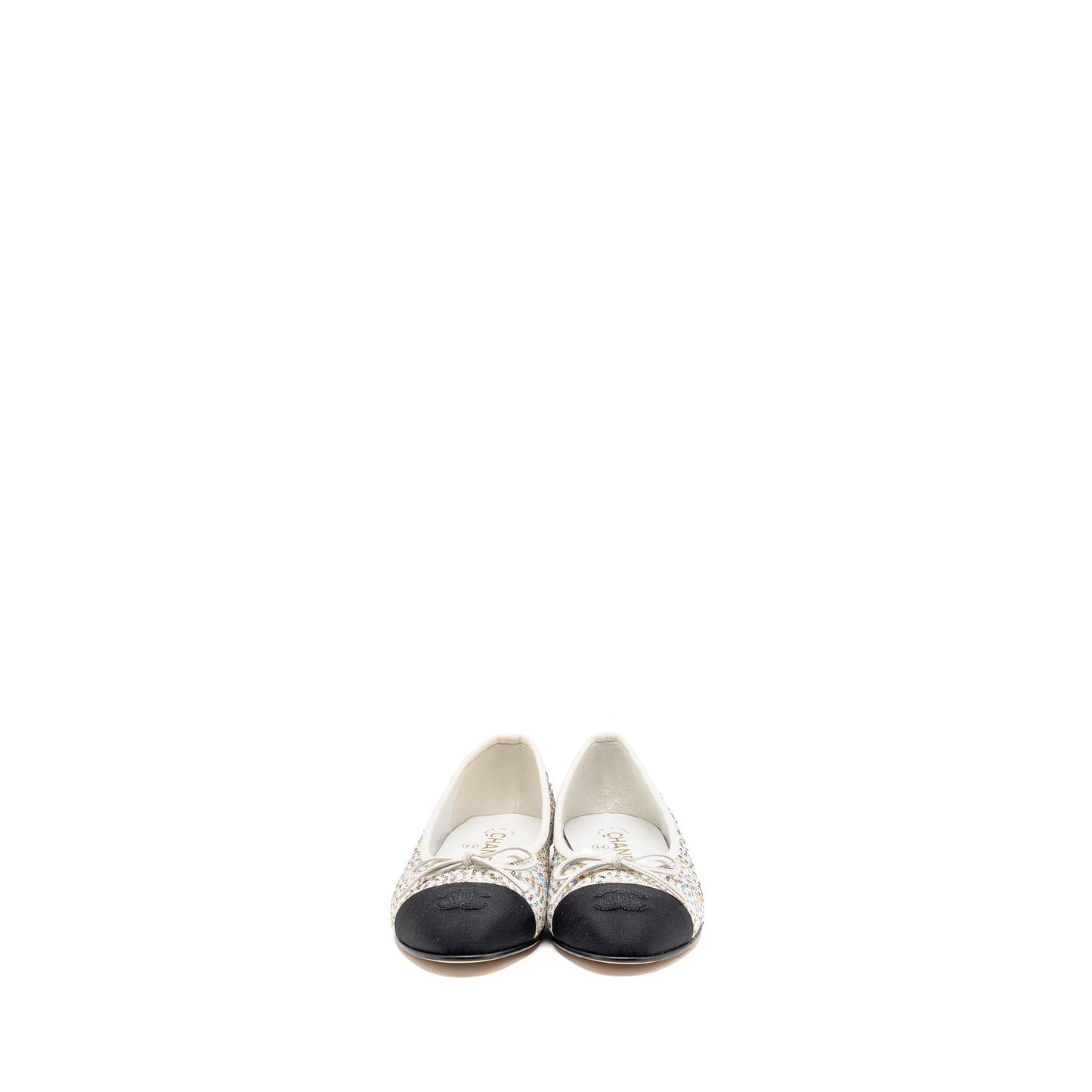 Chanel Size 37.5 23C Ballerinas Flat Shoes Glittered Fabric/Grosgrain White/Multicolour/Black