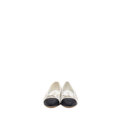 Chanel Size 37.5 23C Ballerinas Flat Shoes Glittered Fabric/Grosgrain White/Multicolour/Black
