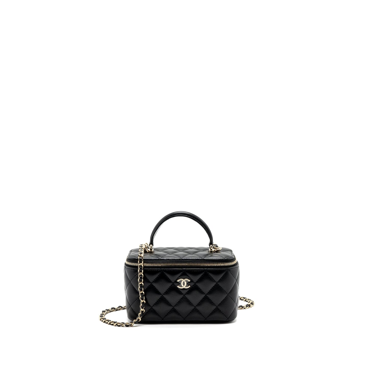 Chanel top handle long vanity with chain lambskin black LGHW (microchip)