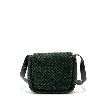 Bottega Veneta Cobble Messenger Purse Intrecciato-Woven Padded Suede Dark Green