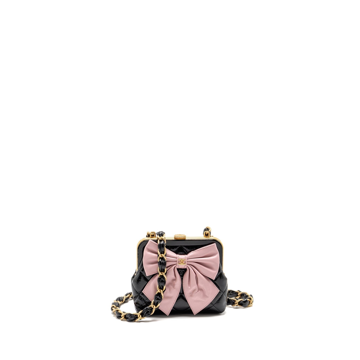 Chanel 24A bow knot clutch with chain patent crumpled lambskin / shiny lambskin black / pink GHW (microchip)